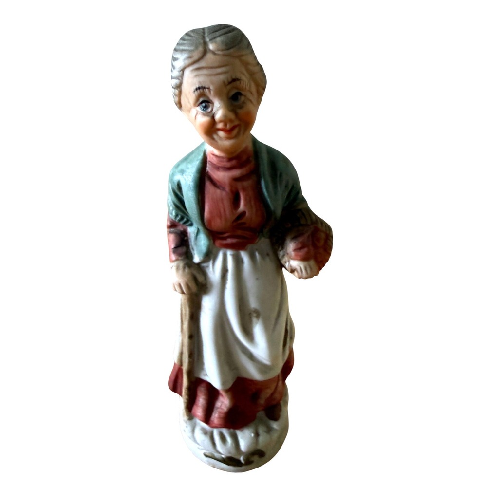 Vintage Flambro Fine Porcelain Figurine Old Woman with Basket and Cane Taiwan